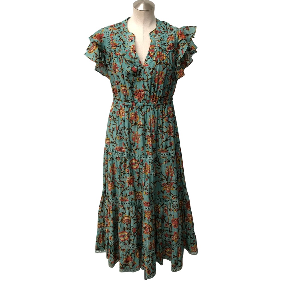 Sundance Maxi Dress Womens Medium Teal Floral Silk Blend Boho Ruffle Tiered